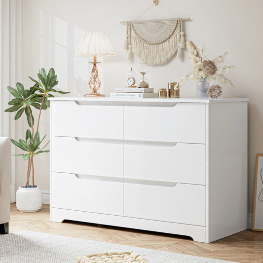 Dresser with 6 Drawers, Bedroom Dresser, White Dresser with Drawers for Dining Room, Kitchen, Living Room, Wood, Modern