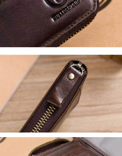 Bullcaptain Genuine Leather Men Short Wallet Casual Men's Coin Purse Vintage Male Zipper Card Holder Luxury Money Bags JYB022