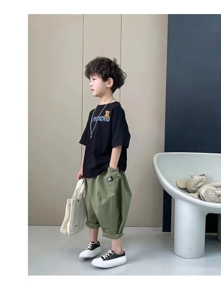 Camiseta de manga corta de verano para niños, Top de cuello redondo para niños pequeños y medianos, moda informal versátil de media manga