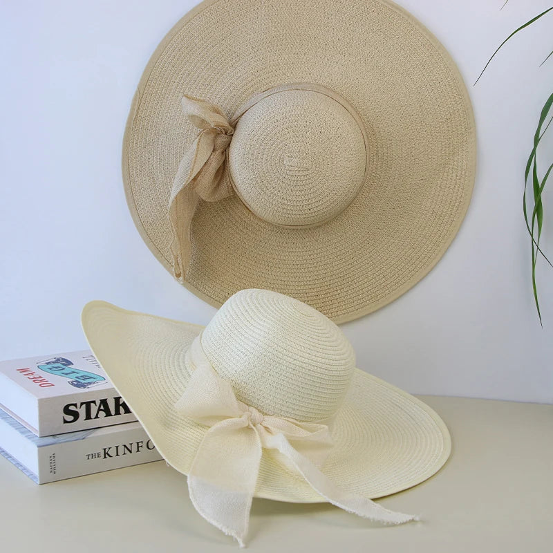 Summer Women's Straw Hat Bowknot Wide Brim Floppy Panama Hats Female Lady Outdoor Foldable Beach Sun Cap