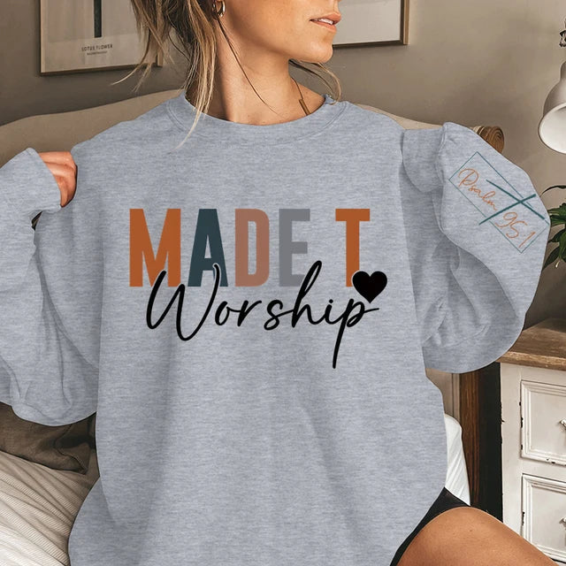 Crew Neck Sweatshirt with Letters Printed, Long Sleeves, Funny Pullovers, Casual and Christian Clothing, Made to Worship, Fall and Winter 