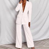 Blazer de color liso para mujer, traje elegante, pantalones rectos ajustados, conjunto de 2 piezas para oficina, otoño e invierno