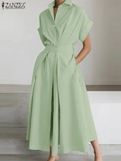 Women Summer OL Work Dress ZANZEA Elegant Short Sleeve Office Sundress Casual Solid A Line Buttons Holiday Vestidos Kaftan Robe