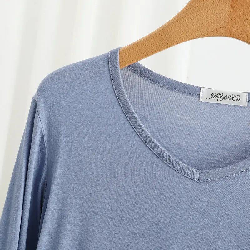 Modal Bottoming Tshirt Long sleeves thin Mask T-shirts Solid color V-Neck Base Tee Tops Plus size loose undershirt all match