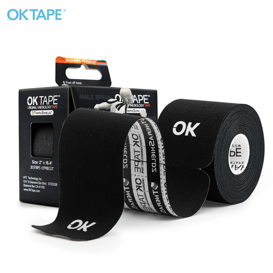 Cinta kinesiológica OK TAPE de 5 cm x 5 m precortada, 20 tiras, vendaje elástico deportivo sin látex, ideal para gimnasio, fitness, tobillo, rodilla, dedos y brazo.