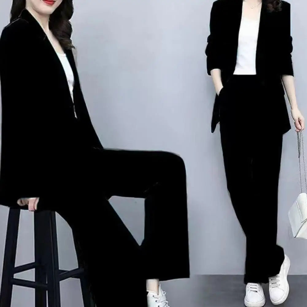 Breathable Two-Piece Set Elegant Women's Business Suit Set with Lapel Button Closure Cardigan Wide Leg Trousers Formal for Plus