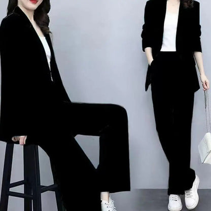 Breathable Two-piece Set Elegant Women's Business Suit Set with Lapel Button Closure Cardigan Wide Leg Trousers Formal for Plus
