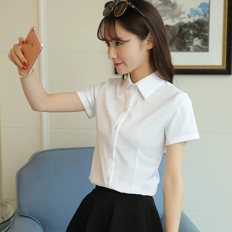 Camisa blanca de moda coreana para mujer, blusa de manga corta de otoño, blusa ajustada para oficina, camisa para mujer, camisa para estudiante S-5XL, ropa para mujer