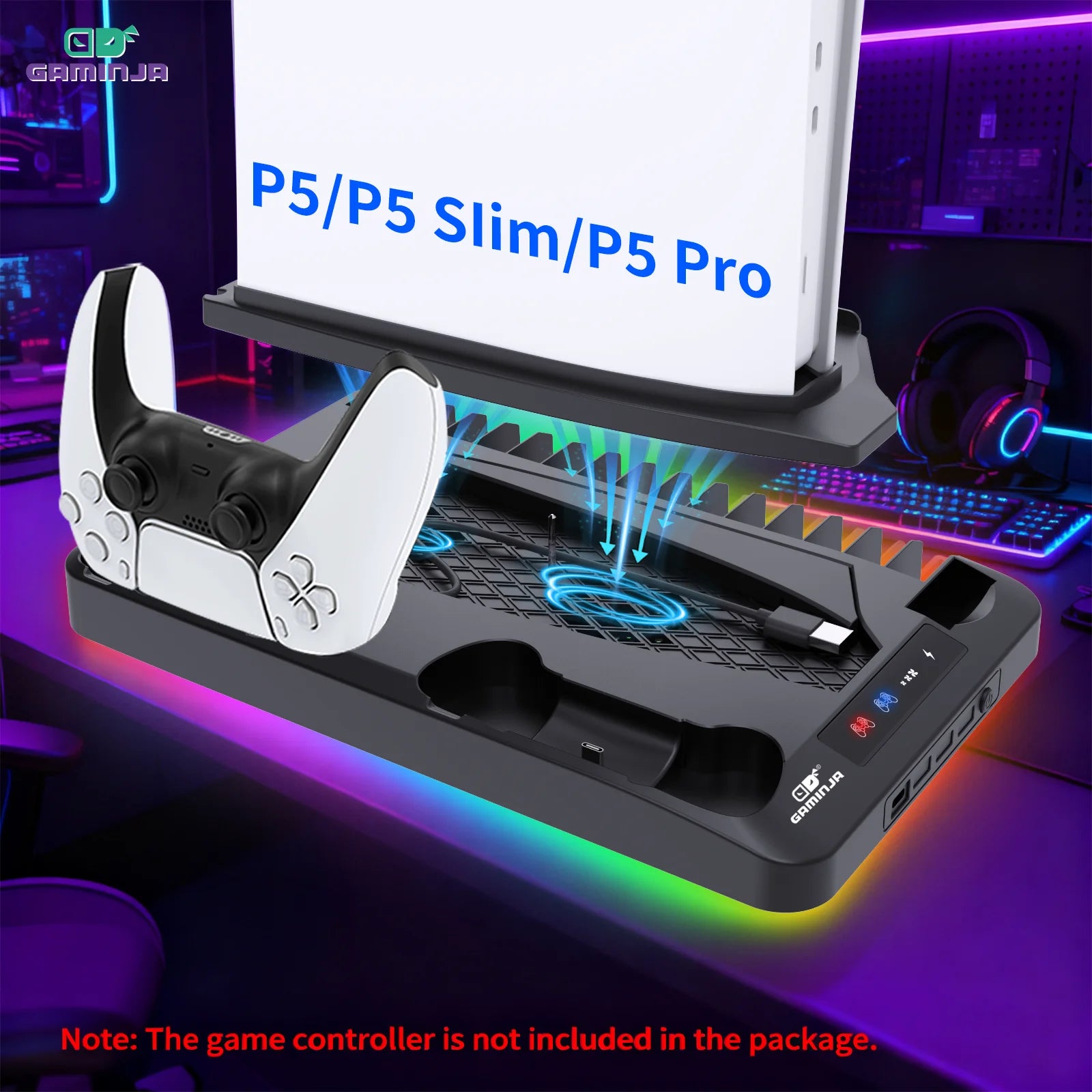 GAMINJA Host Heat Dissipation Base For PS5 With 7 Color Light Effect Headphone Hook Game Disc Storage Rack Handle Charging Stand