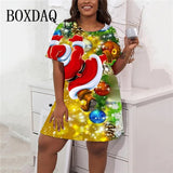2024 moda feminina vestidos de festa de natal casual bonito dos desenhos animados santa impressão vestido solto plus size manga curta a linha vestido 9xl
