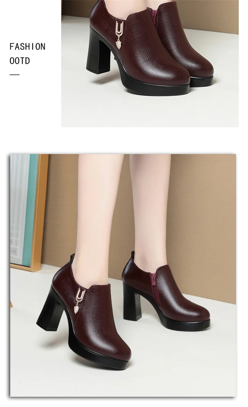 Comfortable Deep Mouth Soft Leather Anti-slip  Shoes Platform Spring 2024 Women's Block Black High Heels Office Mother Shoes