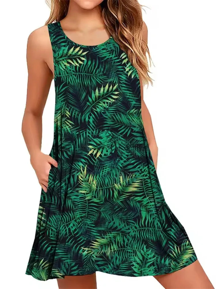 9XL Plus Size Sundress Loose Flowers Plant 3D Printing Dress For Women 2025 Summer Retro Sleeveless Dress Casual Beach Dresses