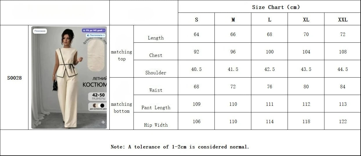 Women's Summer Tie-waist Wide-leg Pants Set Sleeveless Wrap Blazer Top Loose Straight-leg Pants Two-piece Set Comfortable Outfit