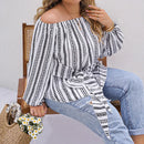 Fairyshely 2025 Spring Stripe Print Plus Size Top Women Long Sleeve Large Pullover T-shirt Lady Off Shoulder Casual Curvy Tops