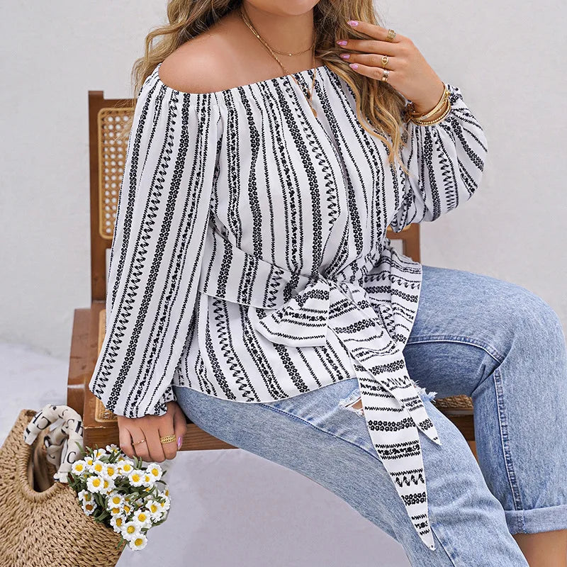 Fairyshely 2025 Spring Stripe Print Plus Size Top Women Long Sleeve Large Pullover T-shirt Lady Off Shoulder Casual Curvy Tops