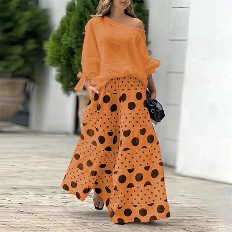 Traje elegante de otoño con estampado de moda para mujer, dos piezas, informal, de un solo cuello, hombros descubiertos, manga larga, color liso, top holgado, culotte