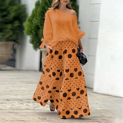Autumn Elegant Fashion Print Women's Suit Two-piece Casual One-Neck Off-Shoulder Long-Sleeve Solid Color Top Loose Culottes Suit