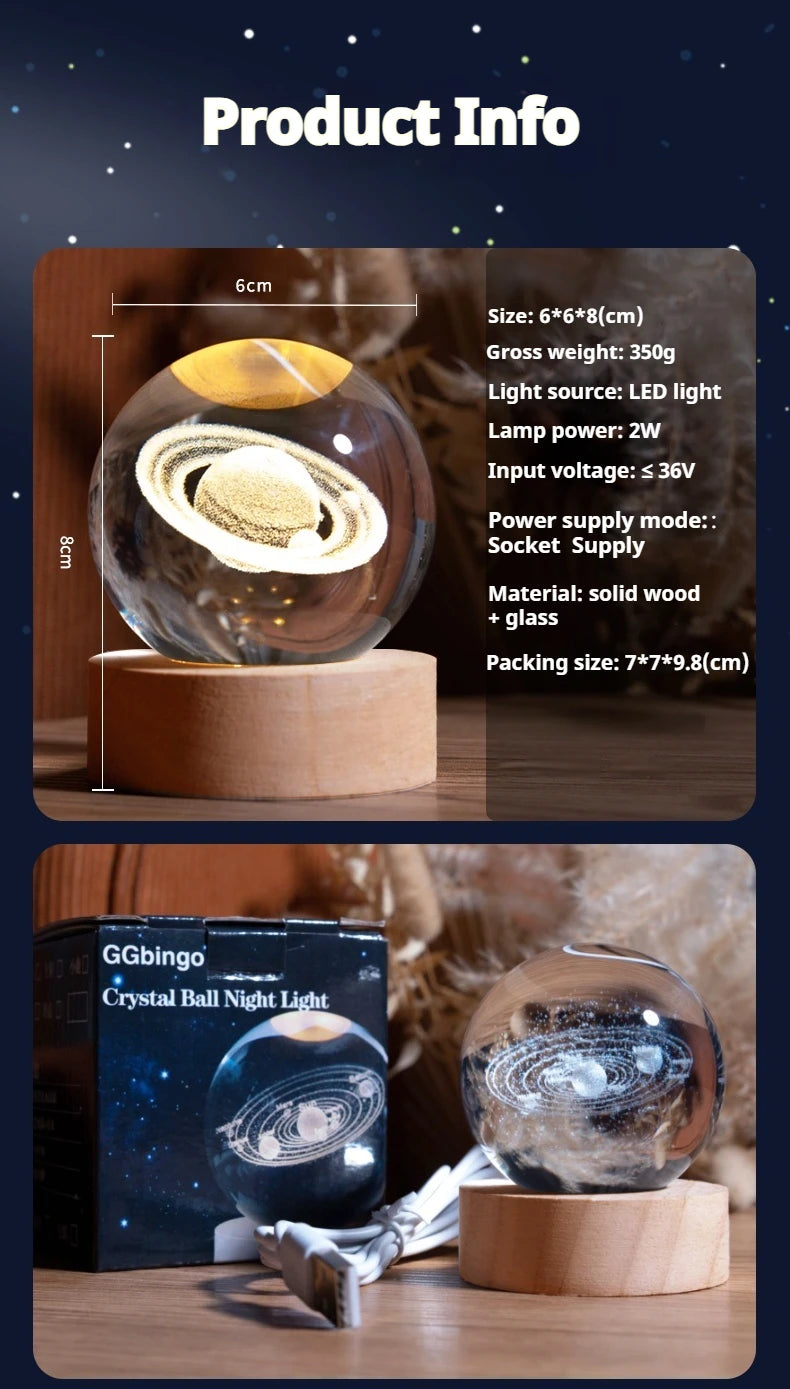 6cm 3D Crystal Ball Decoration 2024 Astronomy Solar System Planets Moon Astronaut LED Balls Home Snow Glass Globe Decorations
