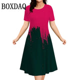 Women Plus Size Summer Dresses 3D Gradient Printed Short Sleeve Loose A-Line Dress Oversized Women Clothing Elegant Ladies Dress