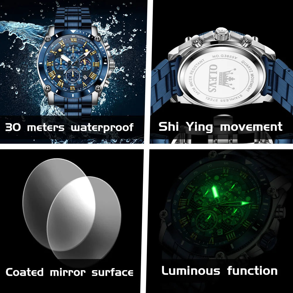 Relógio Olevs masculino de luxo cronógrafo multifuncional fases de lua e a prova de agua 3689