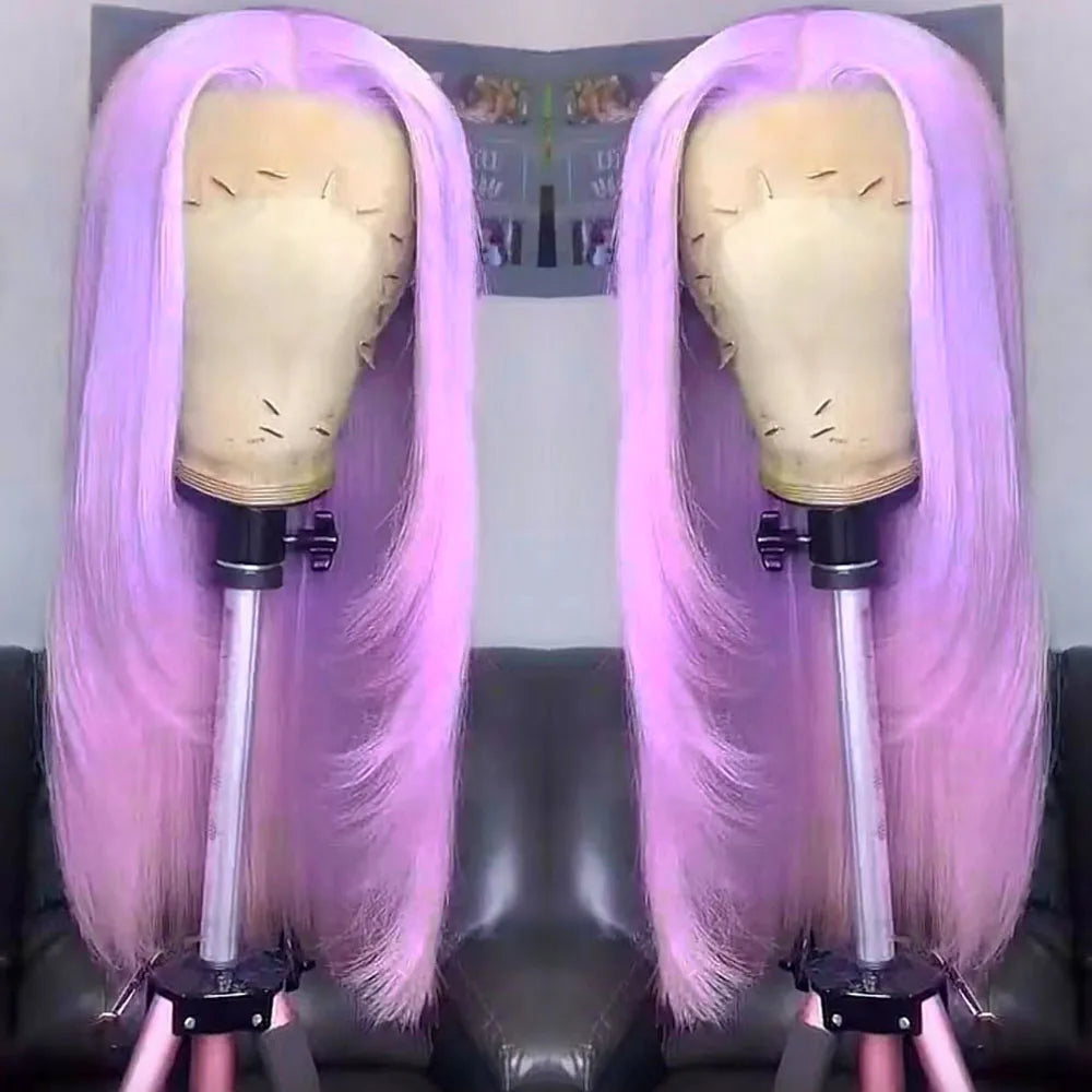 RONGDUOYI Pink Layered Haircut Straight Lace Front Wigs Natural Long Straight Cosplay Heat Fiber Synthetic Wig Purple