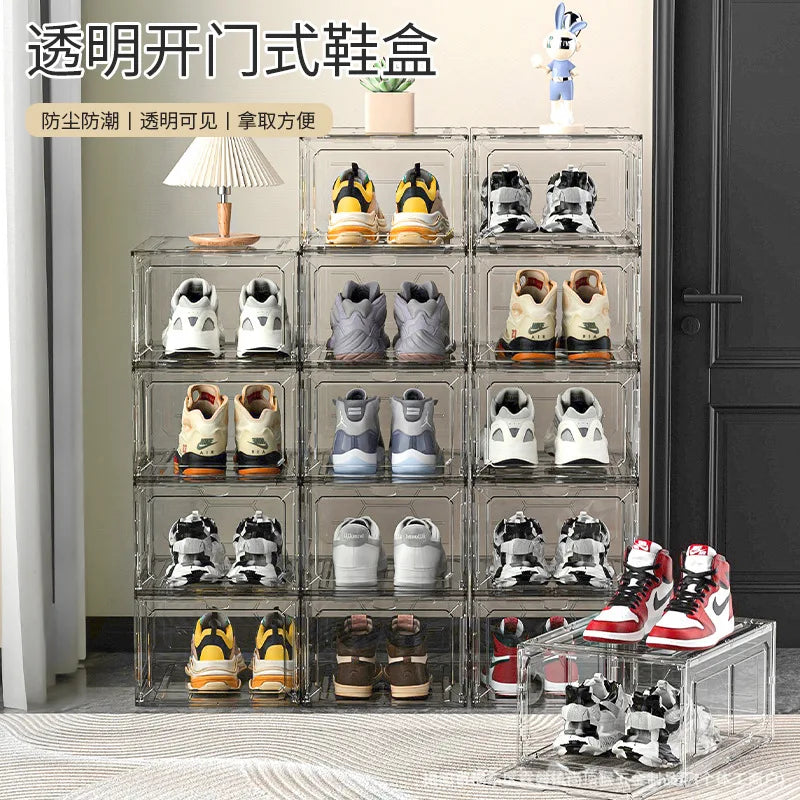 Transparent shoe box, magnetic drop front, thick plastic storage box, detachable dustproof shoe storage box