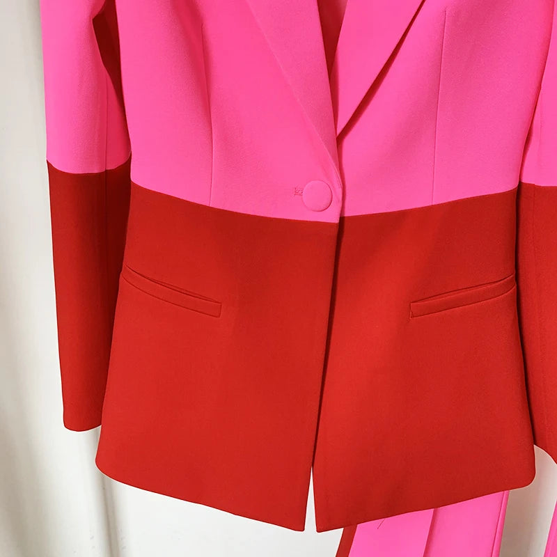 HIGH QUALITY Newest 2025 Star Style Fashion Designer Runway Suit Set Women's Single Button Color Block Blazer Flare Pants Suit