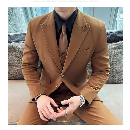 2024 Four Seasons Men'S Business And Leisure Suit Three Piece Set Groom And Best Man Men'S Wedding Suit Set Jacket Vest & Pants