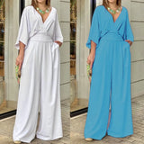 Solid Color Jumpsuits For Woman Jumpsuit Women's Clothing Temperament Simple Style Casual V-link Loose Tighten The Waist Elegant