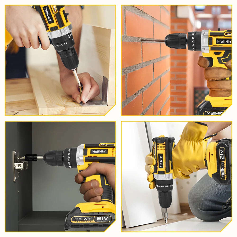 MELLWIN 25+3 Torque Electric Impact Drill 2 Gear Speed Adjustable Cordless Electric Screwdriver Power Tool For 21V-18V Battery