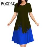Women Plus Size Summer Dresses 3D Gradient Printed Short Sleeve Loose A-Line Dress Oversized Women Clothing Elegant Ladies Dress
