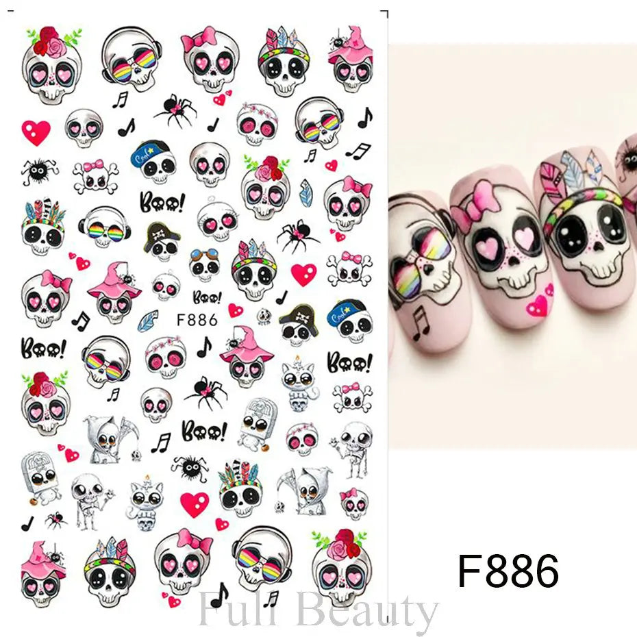 Cinturón negro 5D pegatinas en relieve gótico Halloween estilete calabaza calavera telaraña cremallera manicura uñas gel autoadhesivo decoración