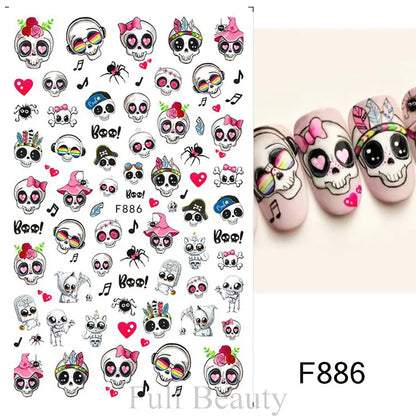 Cinturón negro 5D pegatinas en relieve gótico Halloween estilete calabaza calavera telaraña cremallera manicura uñas gel autoadhesivo decoración