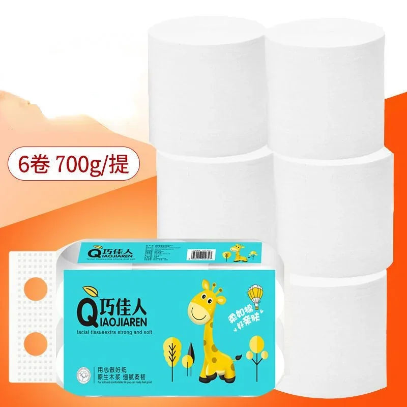 6 rollos de papel higiénico blanco de pulpa de madera virgen, 5 capas, suave, cómodo, sin núcleo, desechable.