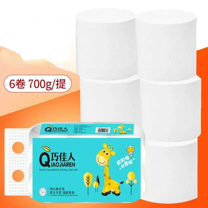 6 rollos de papel higiénico blanco de pulpa de madera virgen, 5 capas, suave, cómodo, sin núcleo, desechable.
