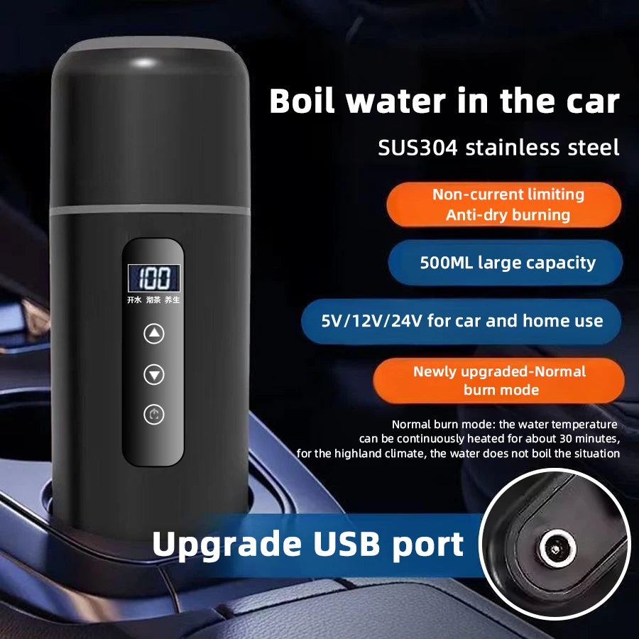 Hervidor eléctrico portátil para coche, 12 V, 24 V, 500 ml, para viaje, con aislamiento inteligente de acero inoxidable y pantalla OLED