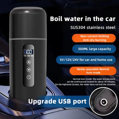 Hervidor eléctrico portátil para coche, 12 V, 24 V, 500 ml, para viaje, con aislamiento inteligente de acero inoxidable y pantalla OLED