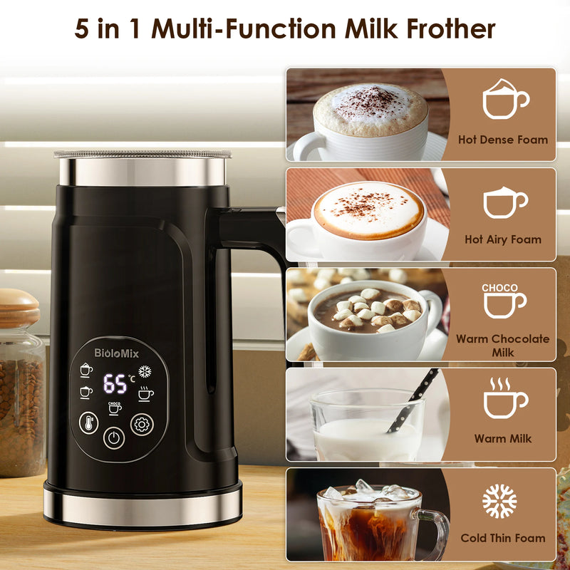 BioloMix Upgraded 5-in-1 LED Touch Screen Milk Frother for Lattes, Hot And Cold Foam Maker