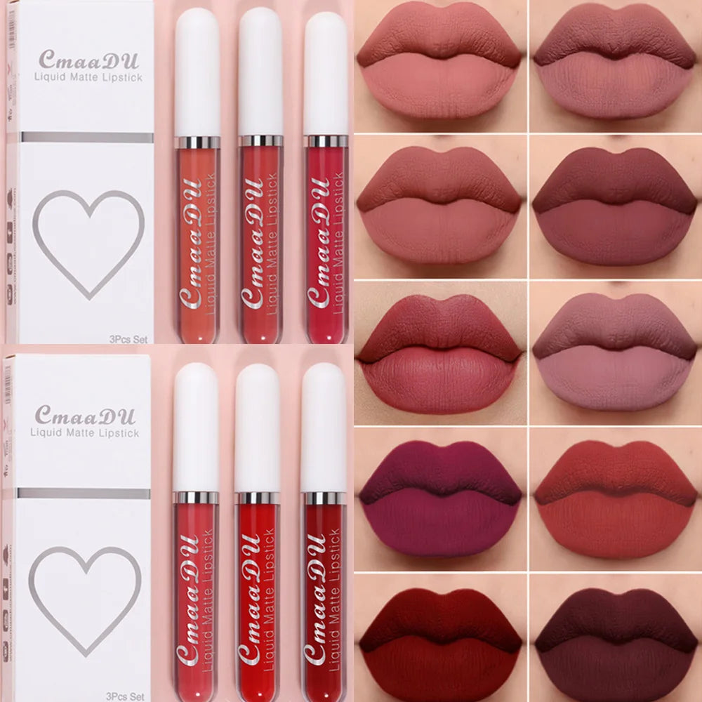 Juego de 3 brillos labiales de terciopelo mate, resistentes al agua, de larga duración, líquidos, cosméticos, maquillaje que dura 24 horas.