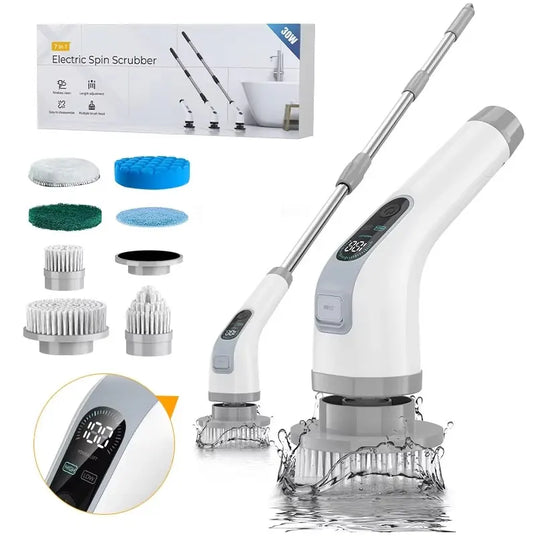 Cordless electric cleaning brush, portable, shower, rotary scrubber, multifunctional, with 7 heads, bathroom, kitchen