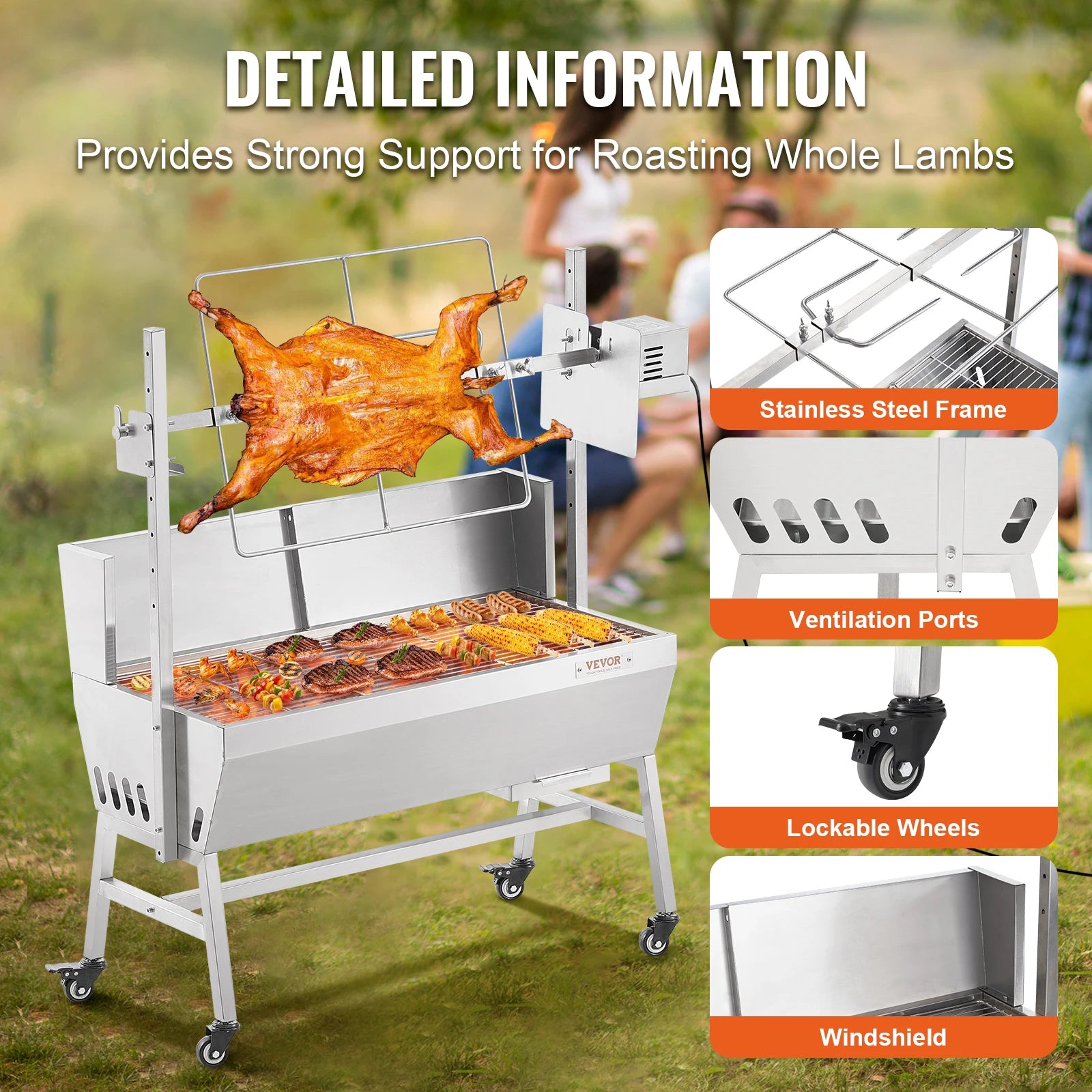VEVOR-asador eléctrico de 35 pulgadas, asador de carbón con Motor eléctrico, asador de acero inoxidable con ruedas bloqueables para acampar al aire libre