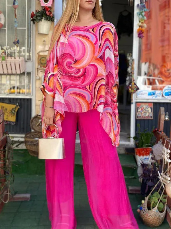 Conjunto de dos piezas de gasa colorida para mujer, estampado de verano, cuello redondo, mangas murciélago, top irregular, pantalones de pierna ancha, conjunto informal de 2 piezas
