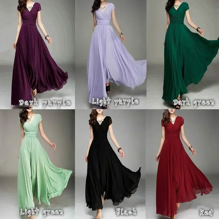 2026 Women's V Neck Short Sleeve Evening Party Dress Temperament Solid Colour Long Cocktail Chiffon High Waist Summer Dresses