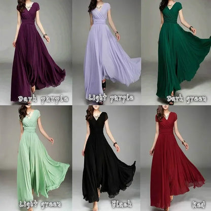 2026 Women's V Neck Short Sleeve Evening Party Dress Temperament Solid Colour Long Cocktail Chiffon High Waist Summer Dresses