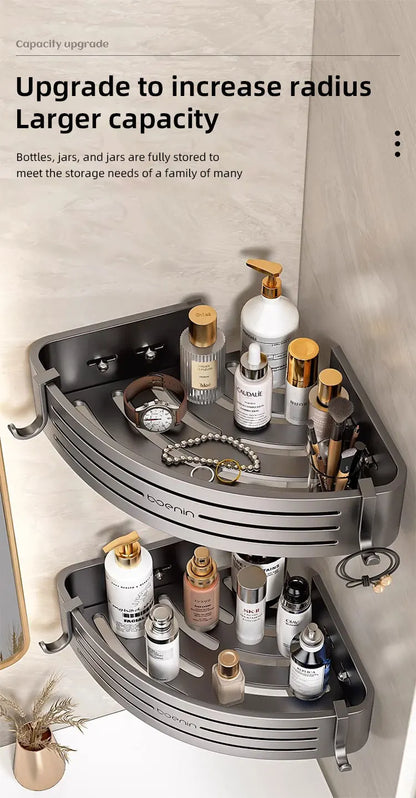 No Drill Bathroom Corner Shelf Wall Mounted Shower Corner Shelves with Hook Towel Bar Space Aluminum Bathroom Organizer Rack