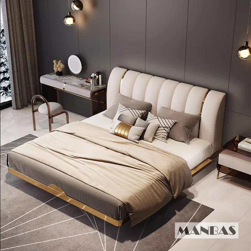 MINGDIBAO Cama Suspendida Moderna De Cuero Genuino con Luz Sensor, Estructura De Cama Doble Rectángulo con Acero Inoxidable, Camas Nórdicas