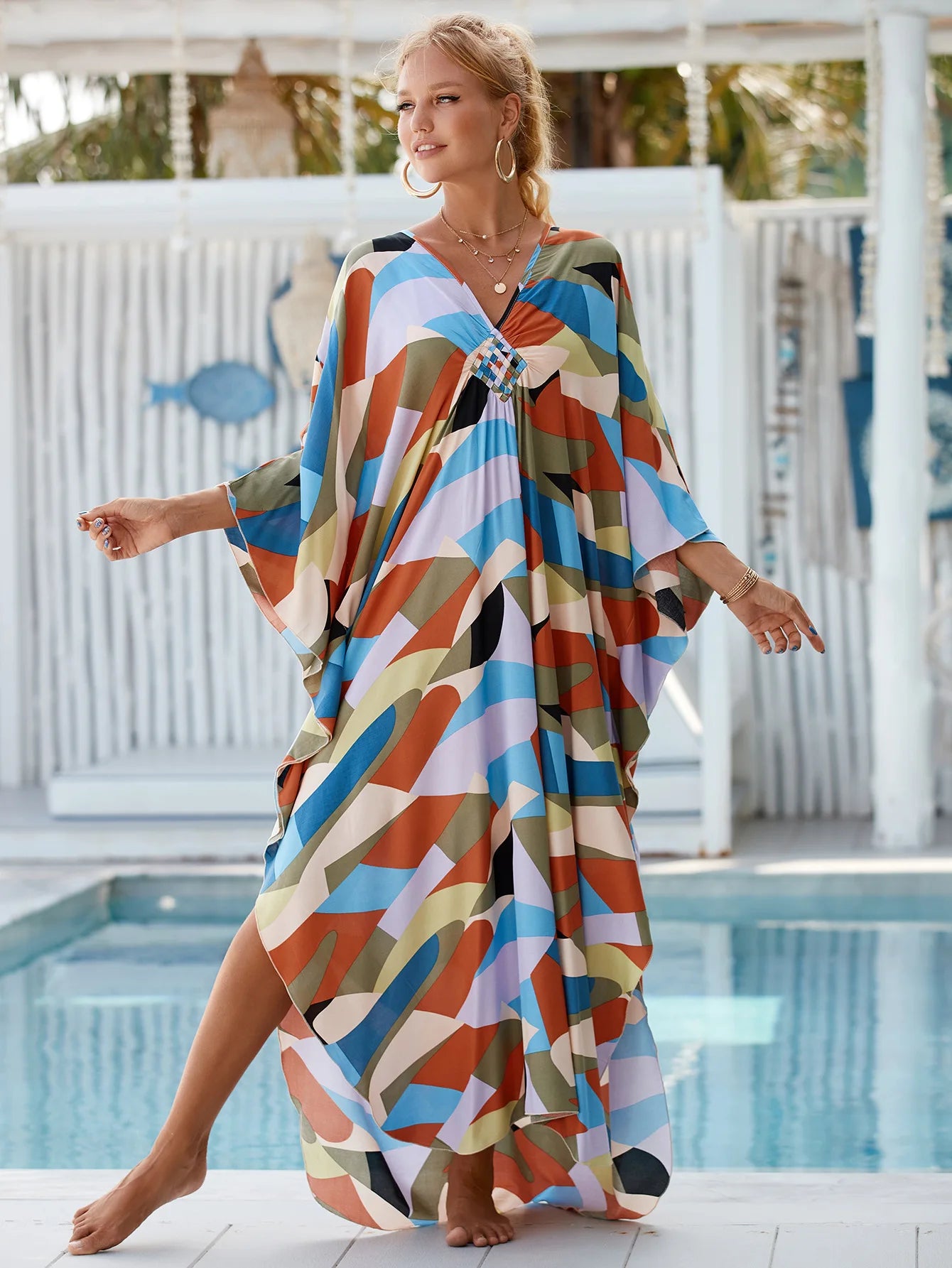Vestidos caftán de talla grande para mujer, vestido caftán con cuello ondulado, vestido playero largo extragrande. 