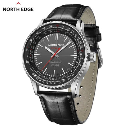 Reloj NORTH EDGE EVOQUE 3 Pilot Series para hombre, de aviación, militar, con energía solar, correa de cuero, caja luminosa de acero inoxidable.