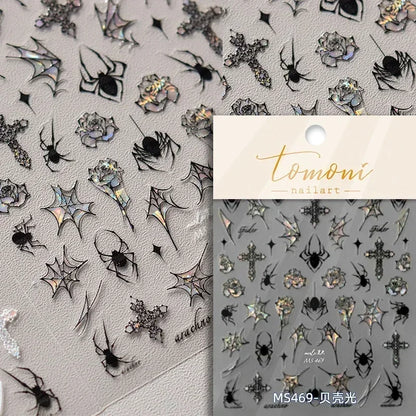 1 piece 5D Spider Web Nail Sticker Cross Silver White Black Glitter Transparent Rhinestone Rose Self-Adhesive Nail Art Sticker