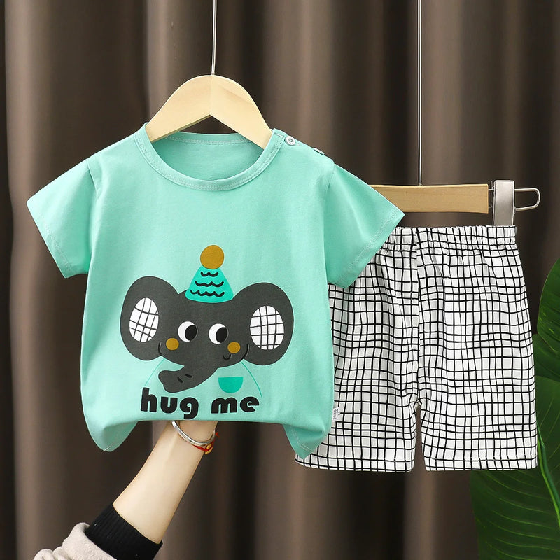 New Boys Summer Clothing Set Full Bear Print Cotton Short Sleeve T-shirts and Shorts 2PCS Breathable Outfit For Girls